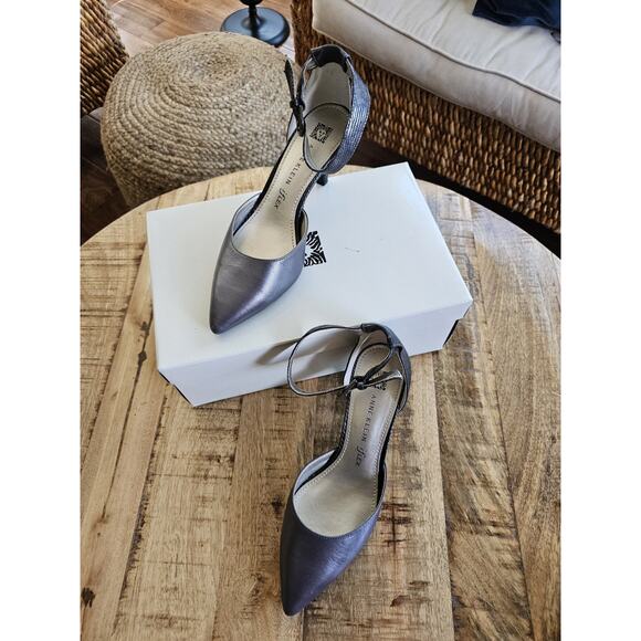 Norma Kamali Shoes - Ann Klein Women's Ankle Strap Dark Gray Pointed Pumps Stiletto Heels Sandals 7M